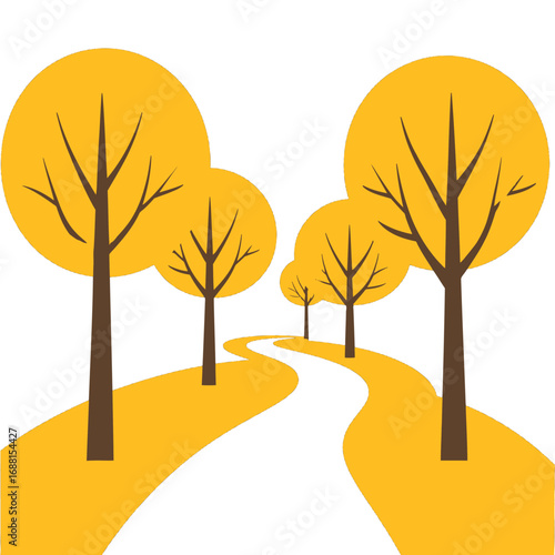 Scenic Road with Trees in Autumn Illustration Vector Graphic a Serene Pathway with Rounded Golden Foliage and Dark Brown Trunk Isolated in White Background