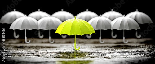 Wallpaper Mural A single, bright yellow umbrella stands out amidst a group of identical, white umbrellas Torontodigital.ca