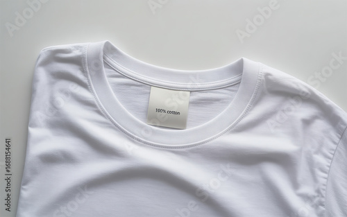 Close Up of a White Cotton T-Shirt with a Label Displaying 100% Cotton Against a Neutral Backdrop