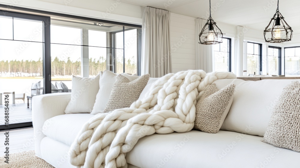 Fototapeta premium Elegant and bright living room featuring a cozy sofa with knitted blanket and pillows