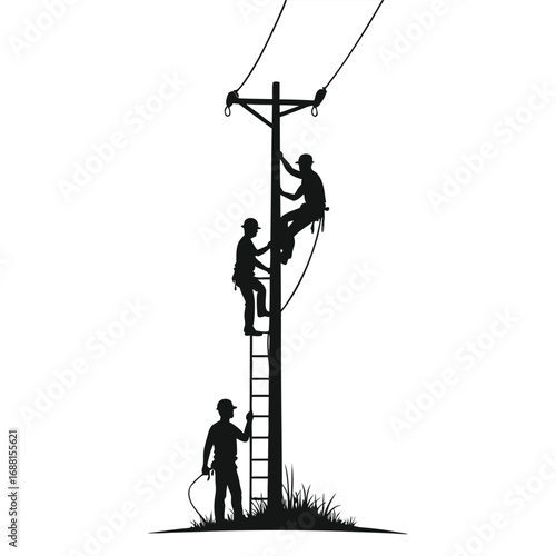 Three linemen working on a utility pole with a ladder