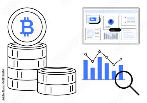 Bitcoin coins with financial analytics including bar chart, data interface, and magnifier. Ideal for blockchain, cryptocurrency, investment, financial research, data analysis, fintech economy