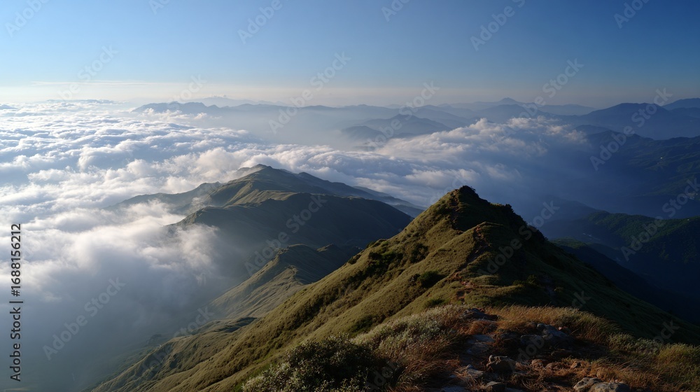 Fototapeta premium A view from a mountain summit over a sea of clouds