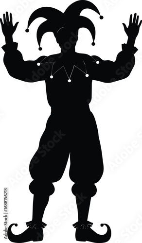 Medieval jester silhouette, clown costume vector, theatrical character illustration, carnival performer art, fantasy entertainer graphic, vintage fool design, festive sketch