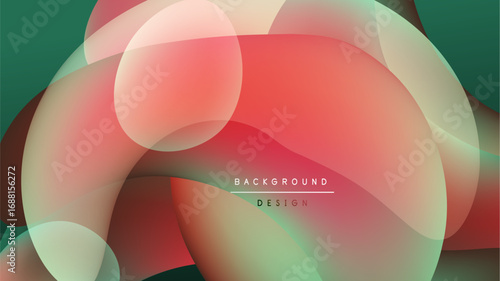 Abstract fluid shapes overlap, creating vibrant color blends. Dark background emphasizes translucent forms, modern design element.