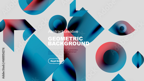 Abstract geometric shapes, vibrant colors, modern design. Text overlay promotes content, button invites interaction. Clean, stylish background.