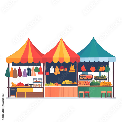 Vibrant Market Stalls with Striped Canopies Displaying Colorful Produce and Goods on Light Background Animated Style