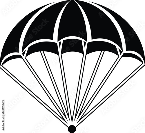 Parachute vector illustration, black and white sketch, segmented canopy design, suspension lines graphic, skydiving equipment icon, emergency landing tool, isolated silhouette