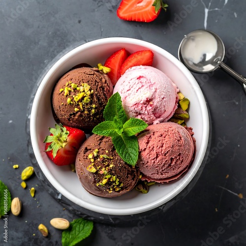 Indulge in decadent chocolate and refreshing strawberry ice cream sundaes topped with pistachios and fresh mint, perfect for a delightful summer treat.