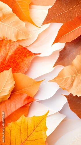 Abstract arrangement of layered autumn leaves in warm orange and white tones, artistic fall background banner with copy space