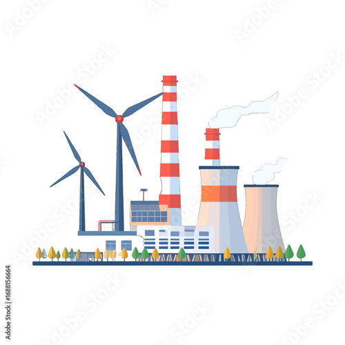Industrial Plant with Wind Turbines and Smokestacks on White Background