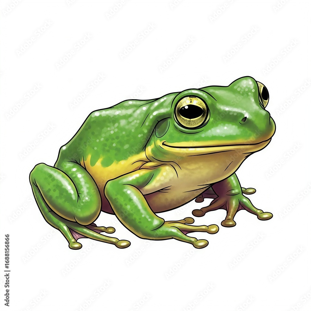 Obraz premium A green tree frog with yellow markings sitting on a white background, isolated