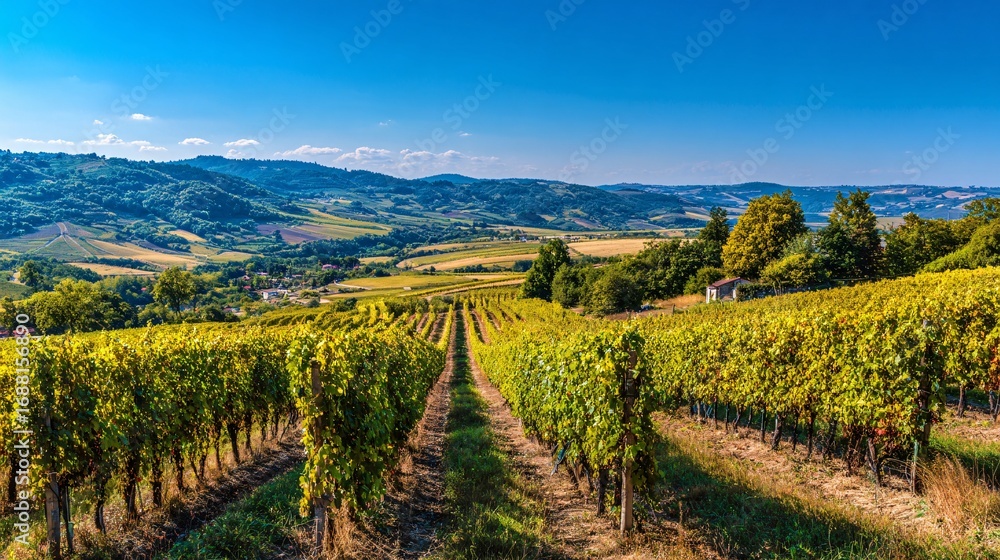 Fototapeta premium A panoramic vineyard landscape under sunny blue sky