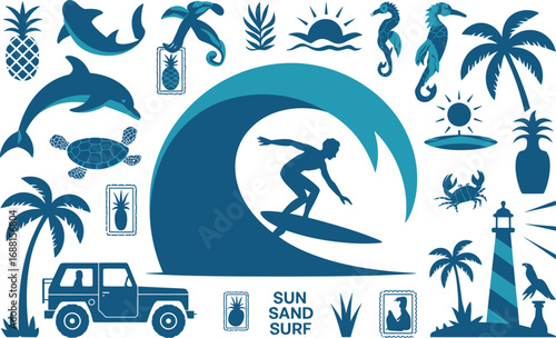This vector symbols set of tropical surfing lifestyle silhouettes includes a surfer on a big wave, palm trees, an ocean dolphin, a shark, and a beach vehicle.