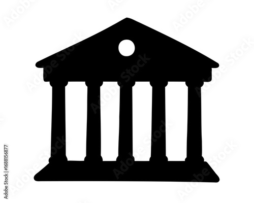 Black silhouette of classical building with columns and triangular roof illustration