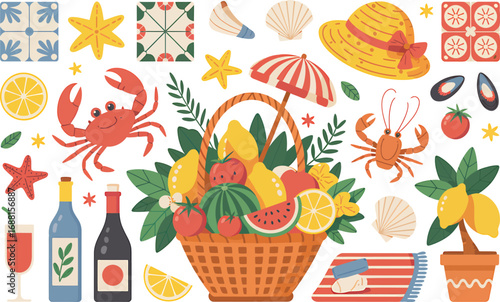 Summer Picnic Delight A Vibrant Collection of Citrus Fruits, Coastal Creatures, and Beach Essentials for a Relaxing Getaway