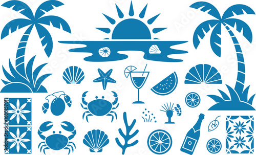 Blue summer beach vacation vector set, featuring tropical palm trees, ocean sunset, crabs, cocktails, shells, exotic fruit. Perfect for travel and holiday designs.