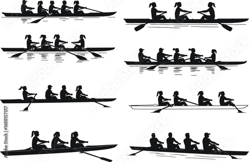 Rowing team silhouette, synchronized oar movement, competitive sport vector, crew boat illustration, teamwork concept, black and white artwork, athletic coordination, racing shell design
