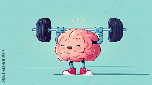 Brain lifting heavy weights in gym workout concept. A cheerful brain lifting weights, symbolizing mental strength.