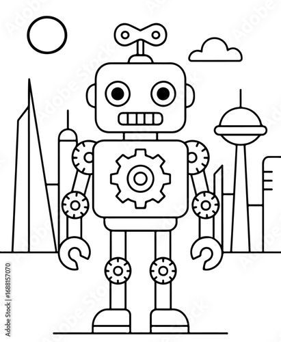 Clockwork Droid Robot Outline Coloring Page for Fantasy Futuristic Coloring Books