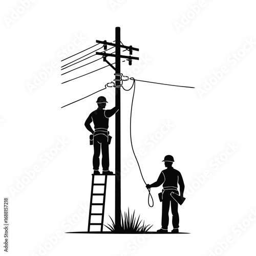 Two linemen working on power lines from a pole lineman