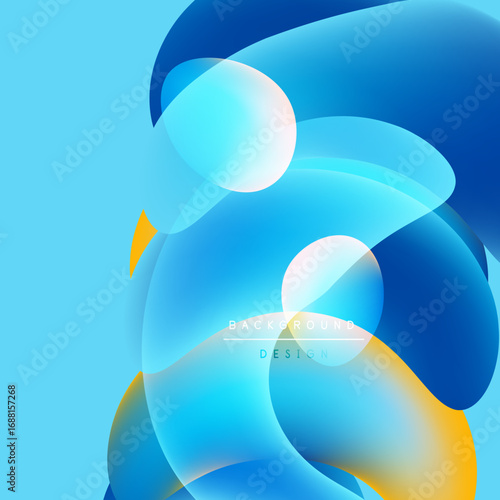 Abstract blue background. Overlapping translucent shapes create dynamic visual effect. Orange accents provide contrast, modern design elements present.