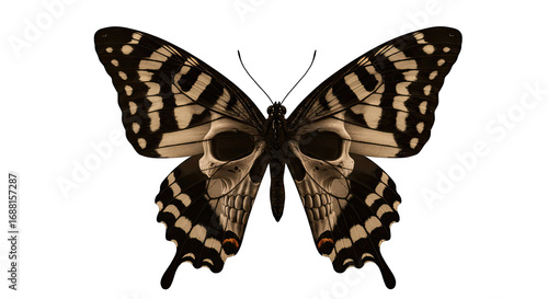 Black And White Butterfly Wings With Skull Design On Transparent Background Detailed Illustration Featuring Intricate Patterns And Sepia Tones A