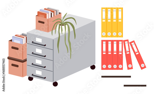 Filing cabinet with wheels, document boxes, green plant, and colorful binders neatly arranged. Ideal for office organization, productivity, storage, filing management, workspace design minimalism