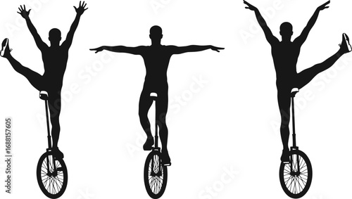Unicycle acrobat silhouette, circus performance vector, balancing act illustration, extreme sport pose, artistic stunt rider, dynamic posture, black silhouette artwork