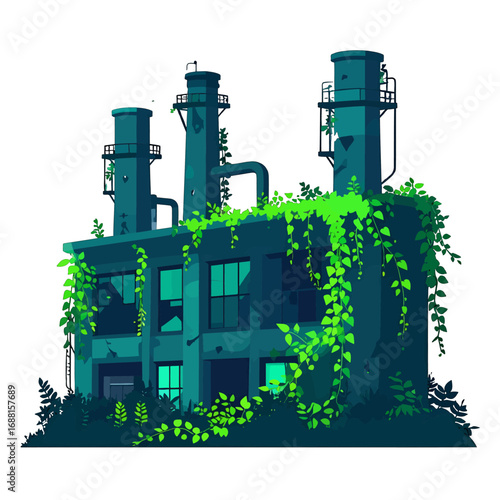 Pixel Art Ruined Industrial Building with Green Overgrowth on White Background