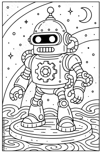 Steam Bot Futurist Robot Outline Coloring Page for Fantasy Futuristic Coloring Art