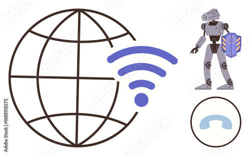 Globe with wireless signal, AI robot carrying a shield, and phone icon symbolize internet, artificial intelligence, global communication, security, automation, innovation, simple flat metaphor
