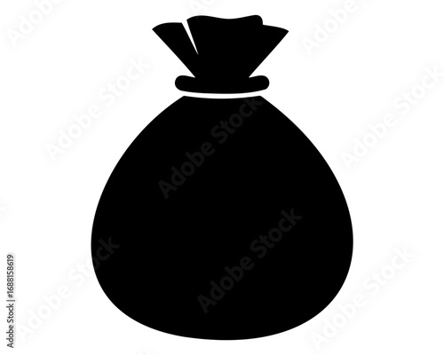 A black simple illustration of a tied sack or bag filled with contents