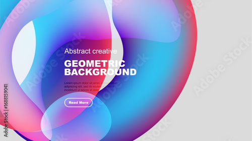 Abstract geometric background features vibrant overlapping shapes. Blue, purple, pink hues create modern design. Text included, button present.