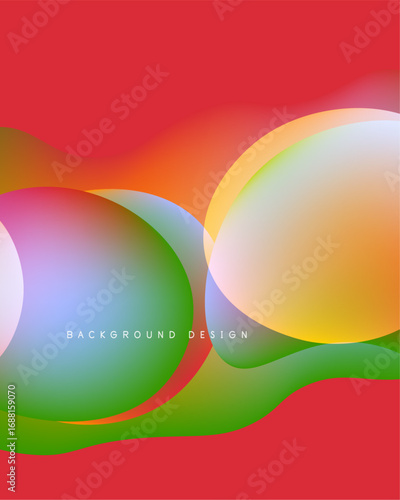 Abstract colorful shapes overlap. Red dominates background, with green, orange, purple hues blending smoothly. Modern design element.