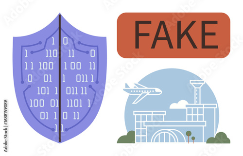 Binary code shield, FAKE text block, airport scene with airplane and control tower. Ideal for cybersecurity, misinformation, digital security, aviation safety, fraud prevention, tech awareness
