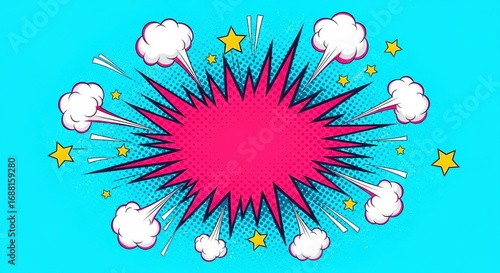 Comic book style explosion with pink starburst and yellow stars on a bright blue background