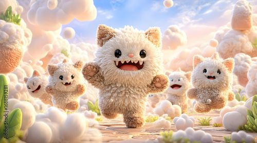cartoon monster wall art Whimsical fluffy creatures joyful in a cloud world. nursery wallpaper creatures playful kids room decor