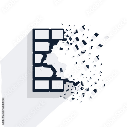 Abstract Dissolving Brick Wall with Pixelated Destruction Effect on White Background