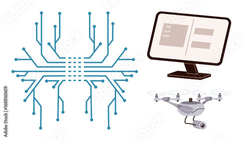 Circuit chip, quadcopter Quadcopter with camera, and monitor screen highlighting technological innovation. Ideal for data analysis, automation, AI development, digital networking, remote operations