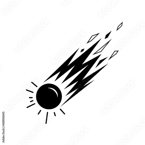 Dramatic Black Comet with Jagged Tail Streaking Across White Background