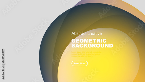Gradient circles overlap creating vibrant abstract background. Text promotes further information via button. Simple, modern design.