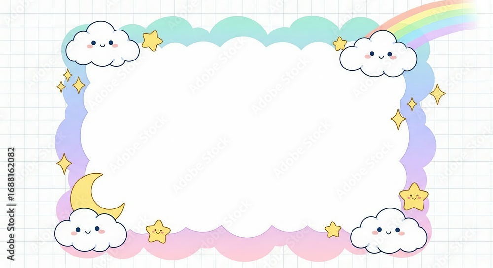 Cute kawaii frame with clouds, moon, stars, and rainbow on a pastel background Cute kawaii frame with clouds, moon, stars, and rainbow on a pastel background