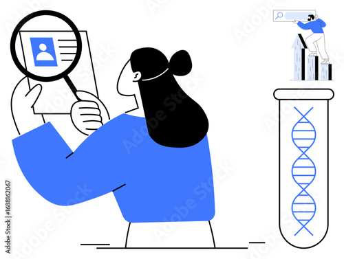Woman inspects profile with magnifier, while researcher on bar graph explores scientific data near test tube. Ideal for recruitment, research, science, innovation, analysis, biotechnology