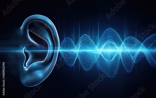 3D human ear graphic interacting with sound waves