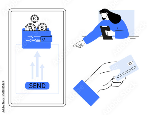 Mobile wallet with currency symbols and send button, woman interacting with tablet, hand holding credit card. Ideal for finance, payment, e-commerce, banking, technology, apps simple landing page