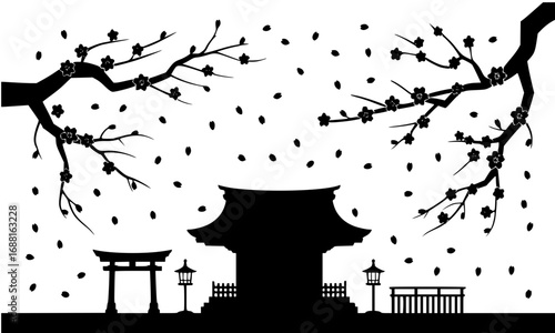 Sakura petals falling on Shinto altar silhouette,Japanese culture vector illustration