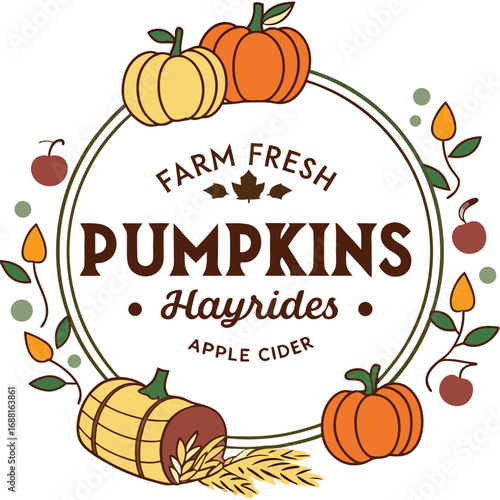 Farm Fresh Pumpkins and Hayrides Sign with Wreath of Autumn Produce apple