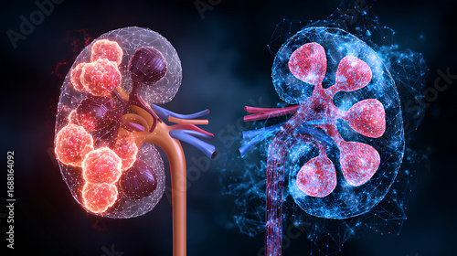 Cystic Kidney Disease or CKD as a comparison between a healthy kidney and one affected by polycystic illness with cysts as abnormalities in the urinary system anatomy. Stock Illustration
