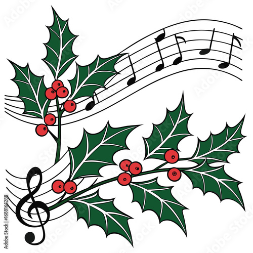 Festive Holly Branch with Musical Notes and Treble Clef on White Background Keywords: holly, christmas, music, notes, sheet music, treble clef, berries, leaves, evergreen, winter, holiday